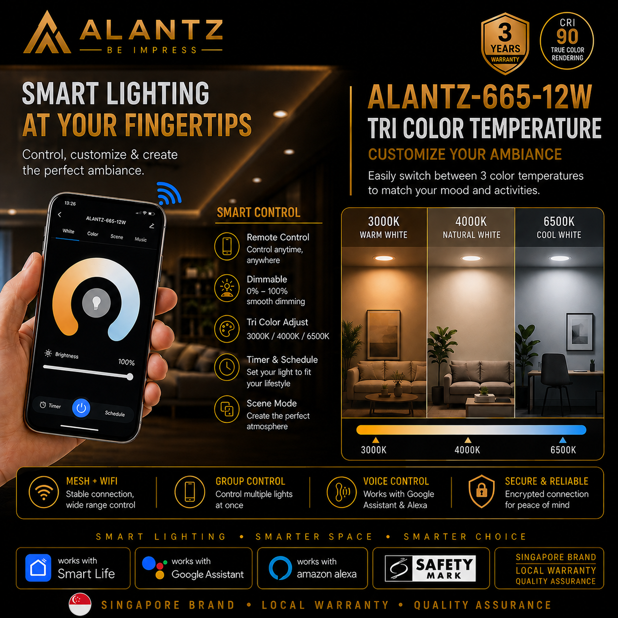 ALANTZ AL665 Smart Tri-Color COB LED Downlight (12W)