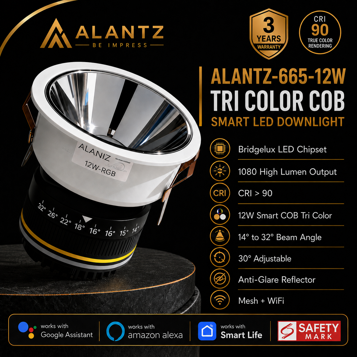 ALANTZ AL665 Smart Tri-Color COB LED Downlight (12W)