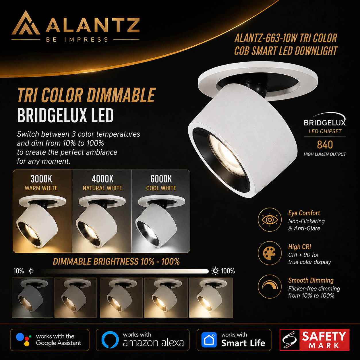 ALANTZ 663 Smart Tri-Color COB LED Downlight (10W)