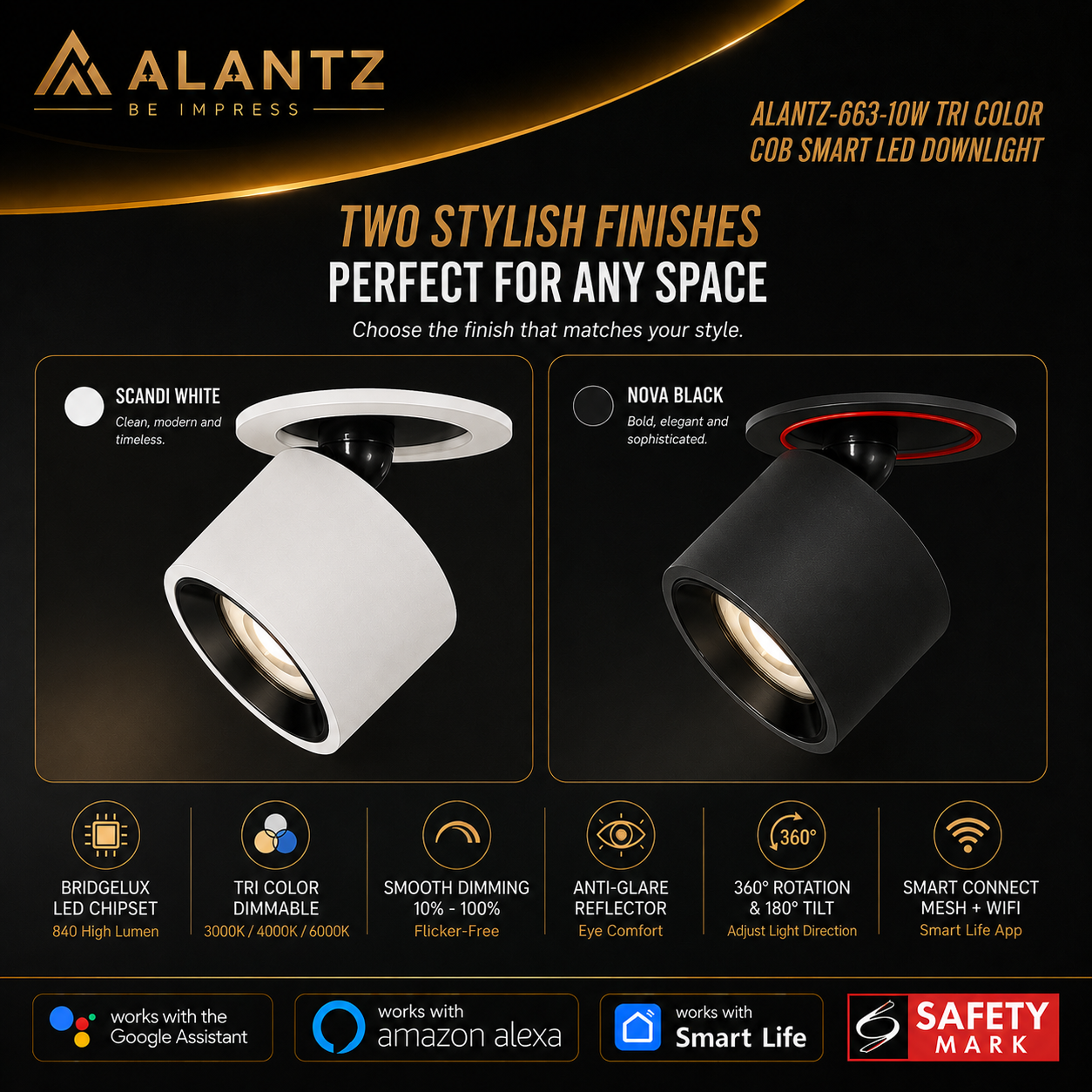 ALANTZ 663 Smart Tri-Color COB LED Downlight (10W)
