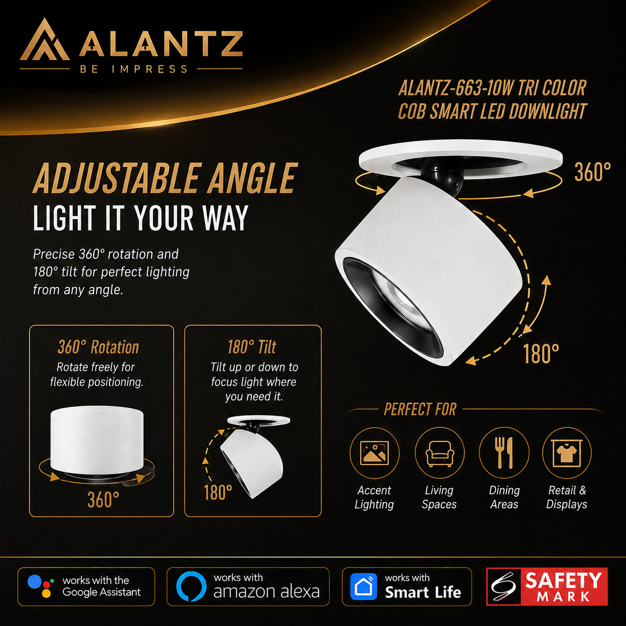 ALANTZ 663 Smart Tri-Color COB LED Downlight (10W)