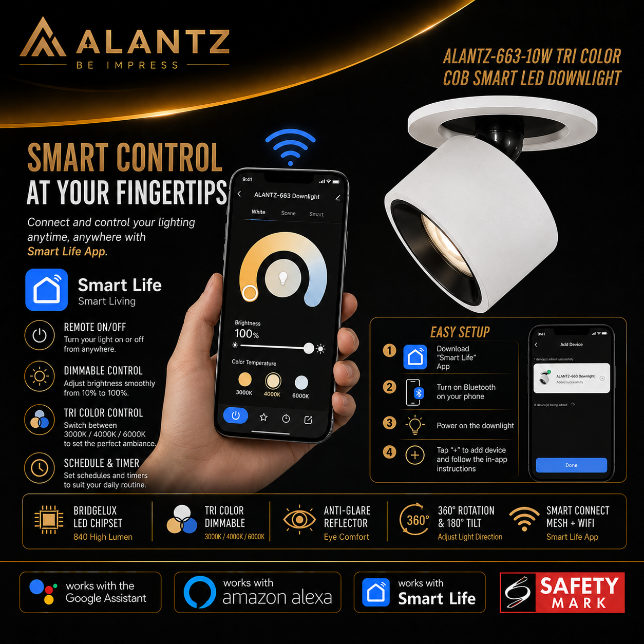 ALANTZ 663 Smart Tri-Color COB LED Downlight (10W)
