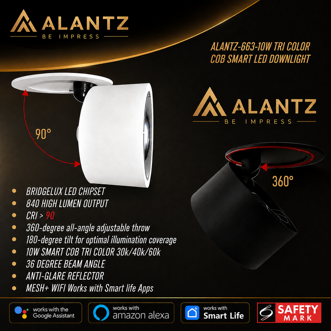 ALANTZ 663 Smart Tri-Color COB LED Downlight (10W)