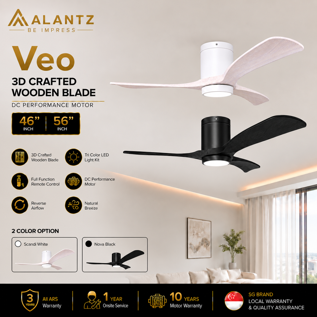 (FREE INSTALLATION BY AGENT) ALANTZ Veo Ceiling Fan with Light 46” 56” | DC Motor |24W Tri Colour LED | Quiet Fan