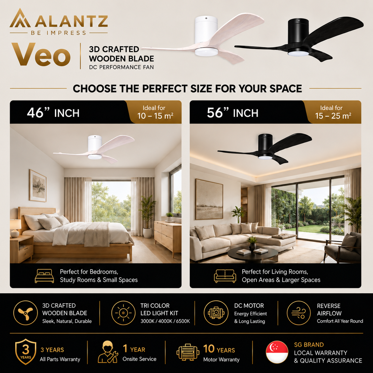 (FREE INSTALLATION BY AGENT) ALANTZ Veo Ceiling Fan with Light 46” 56” | DC Motor |24W Tri Colour LED | Quiet Fan