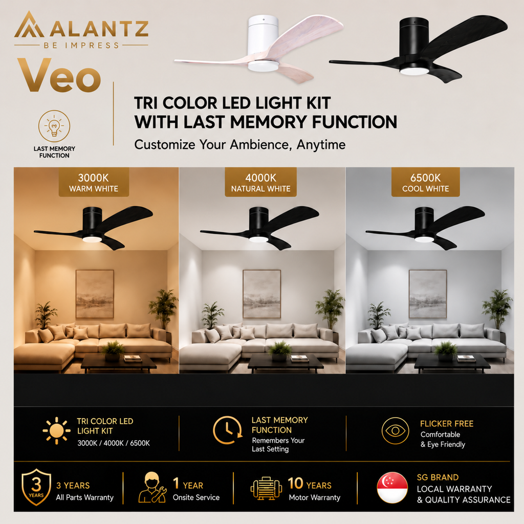 (FREE INSTALLATION BY AGENT) ALANTZ Veo Ceiling Fan with Light 46” 56” | DC Motor |24W Tri Colour LED | Quiet Fan