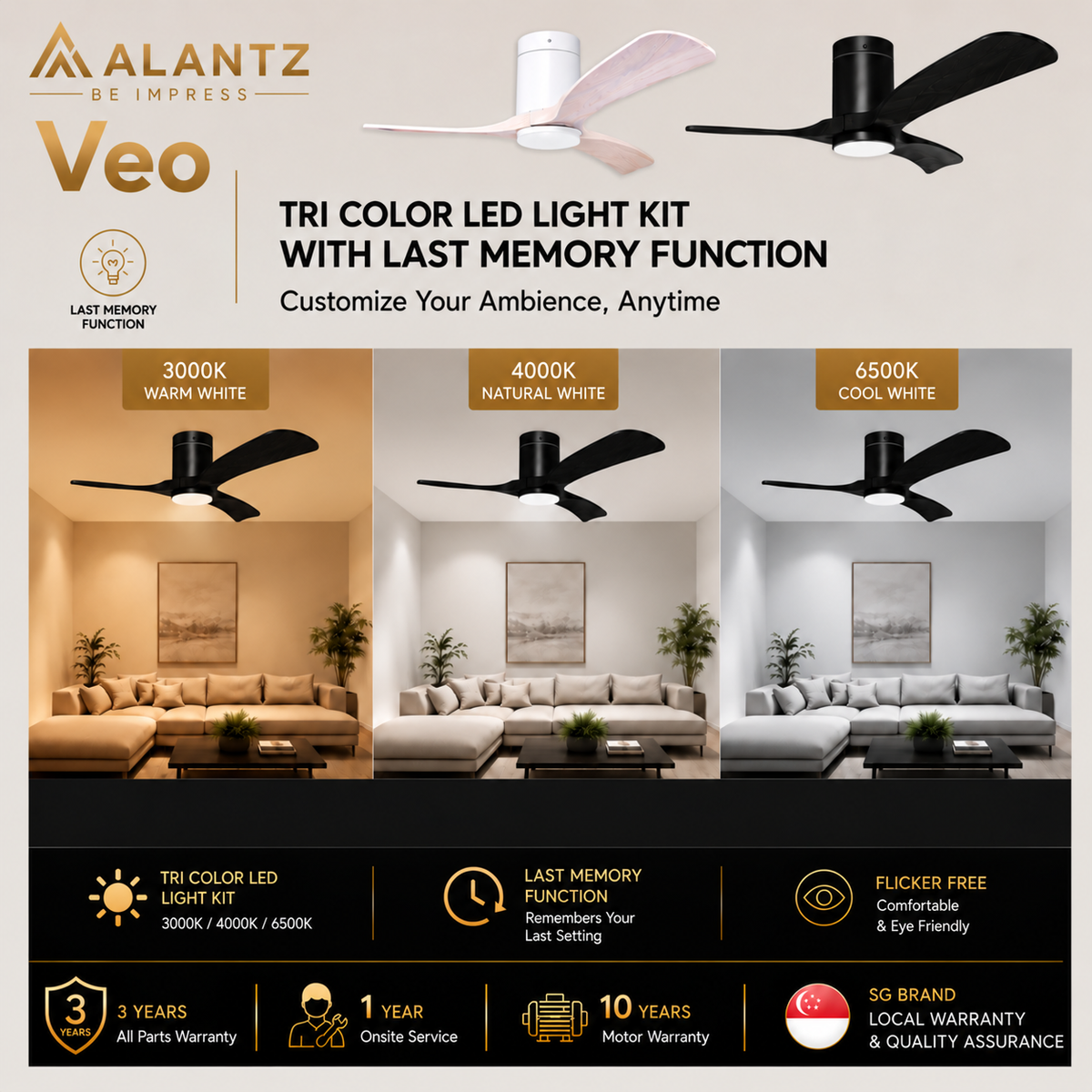 (FREE INSTALLATION BY AGENT) ALANTZ Veo Ceiling Fan with Light 46” 56” | DC Motor |24W Tri Colour LED | Quiet Fan