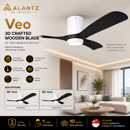 (FREE INSTALLATION BY AGENT) ALANTZ Veo Ceiling Fan with Light 46” 56” | DC Motor |24W Tri Colour LED | Quiet Fan