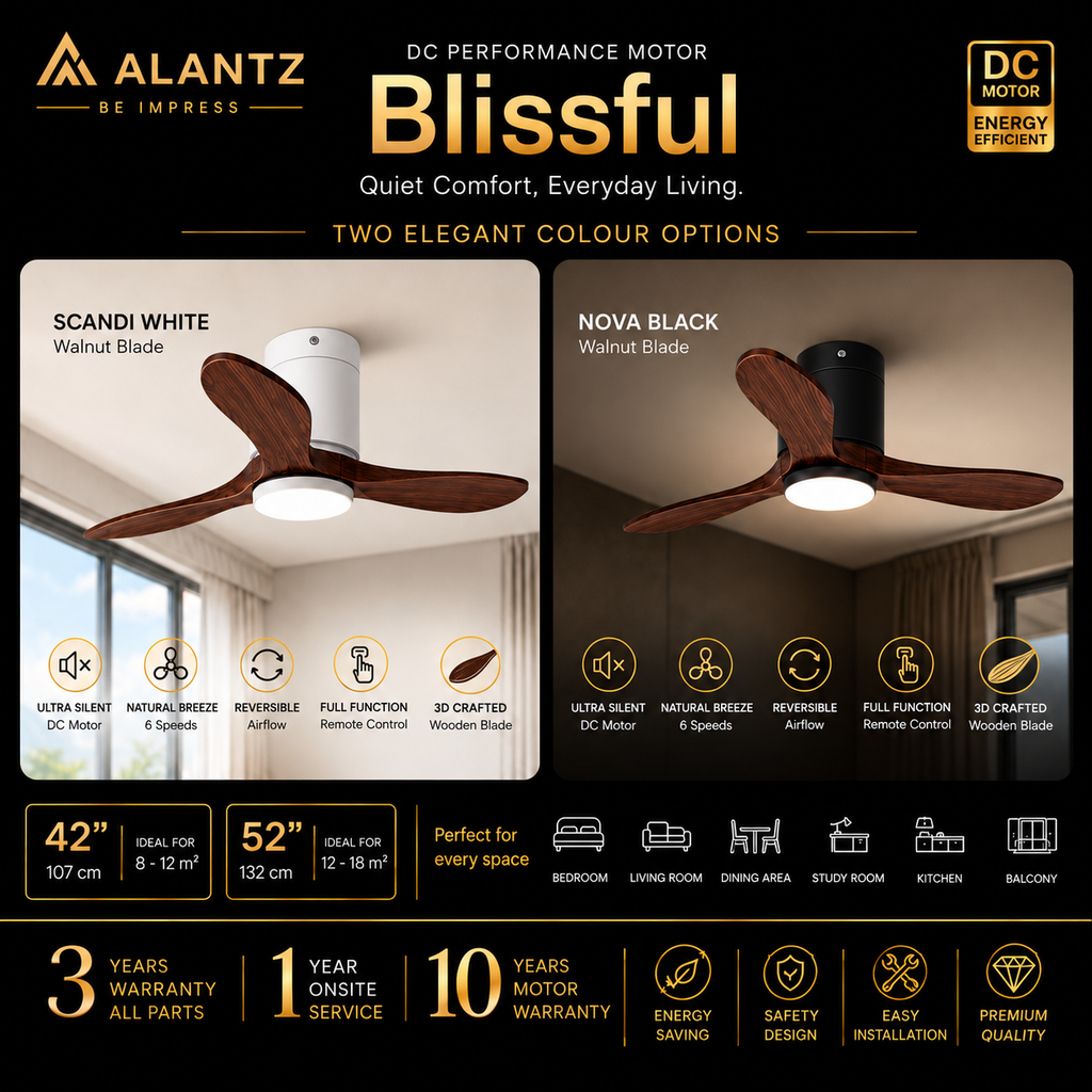 (FREE INSTALLATION BY AGENT) ALANTZ Blissful Ceiling Fan with Light 42” 52” | DC Motor | 24W Tri Colour LED | Quiet Fan
