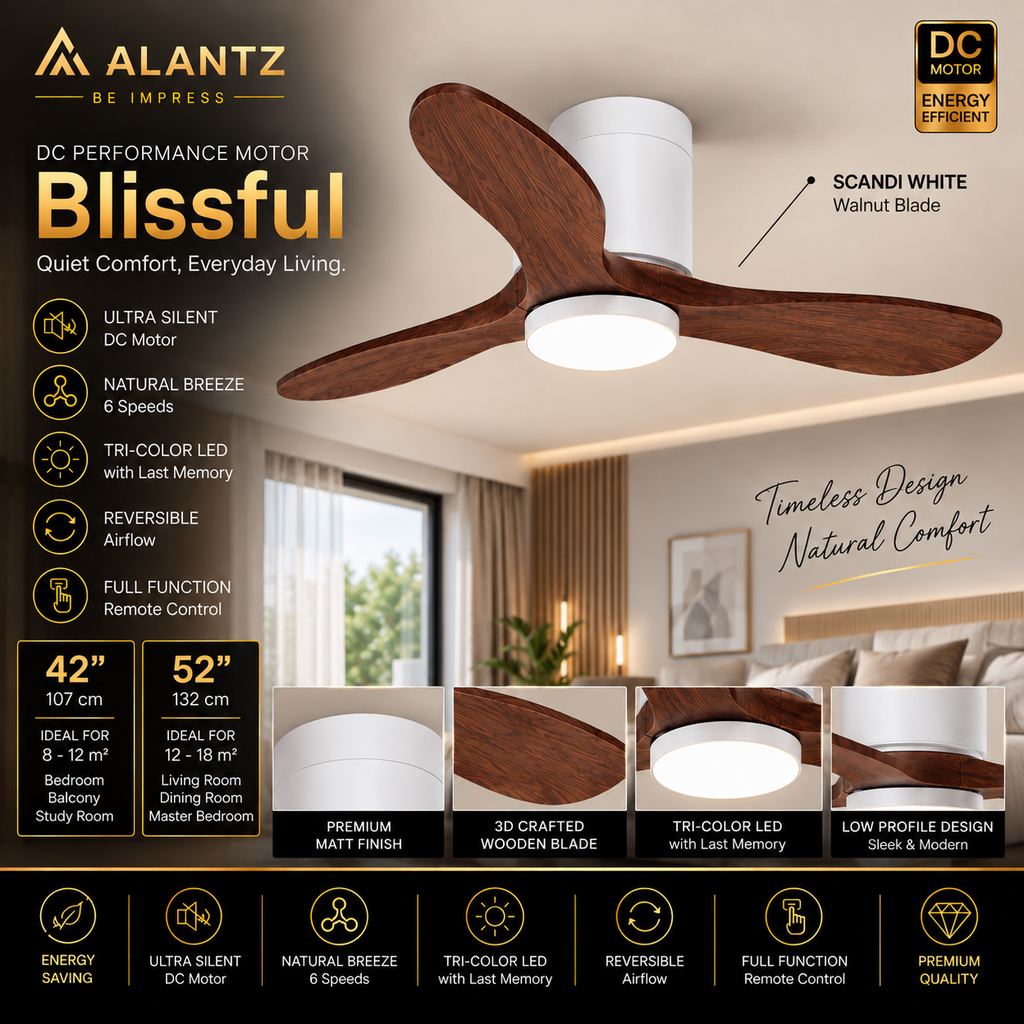 (FREE INSTALLATION BY AGENT) ALANTZ Blissful Ceiling Fan with Light 42” 52” | DC Motor | 24W Tri Colour LED | Quiet Fan