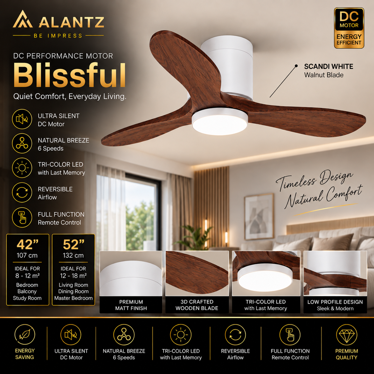 (FREE INSTALLATION BY AGENT) ALANTZ Blissful Ceiling Fan with Light 42” 52” | DC Motor | 24W Tri Colour LED | Quiet Fan