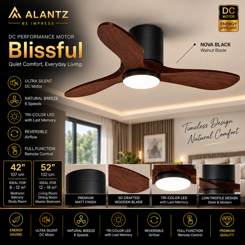 (FREE INSTALLATION BY AGENT) ALANTZ Blissful Ceiling Fan with Light 42” 52” | DC Motor | 24W Tri Colour LED | Quiet Fan