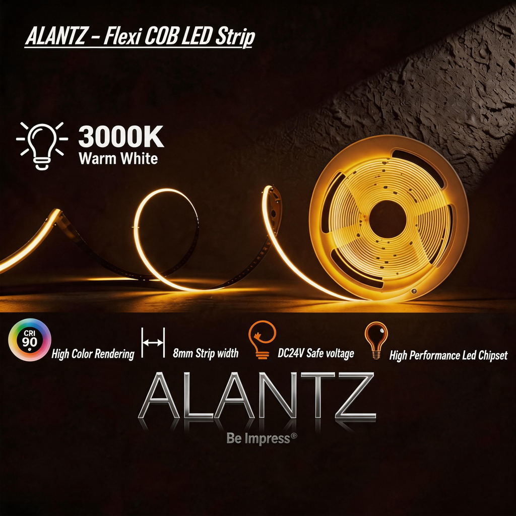 ALANTZ Flexi COB LED Strip for Cove Lighting - 3000K/4000K/6000K - Ultra Flexible & Energy Efficient - 10 Meter Per Reel - 1 Year Warranty