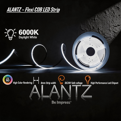 ALANTZ Flexi COB LED Strip for Cove Lighting - 3000K/4000K/6000K - Ultra Flexible & Energy Efficient - 10 Meter Per Reel - 1 Year Warranty
