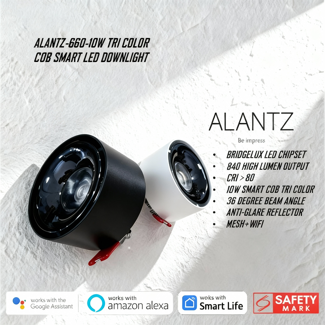 ALANTZ-660-10W  WH/BK COB TRI COLOR SMART LED DOWNLIGHT BRIDGELUX LED CHIPSET, Works with Smart-life App Google N Alexa