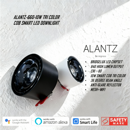 ALANTZ-660-10W  WH/BK COB TRI COLOR SMART LED DOWNLIGHT BRIDGELUX LED CHIPSET, Works with Smart-life App Google N Alexa