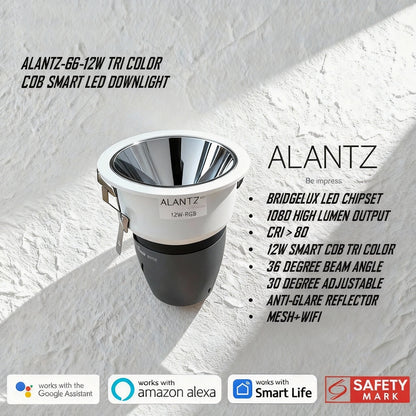 ALANTZ AL66 -12W SMART COB TRI COLOR LED DOWNLIGHT BRIDGELUX LED CHIPSET, Works with Smart-life App Google N Alexa
