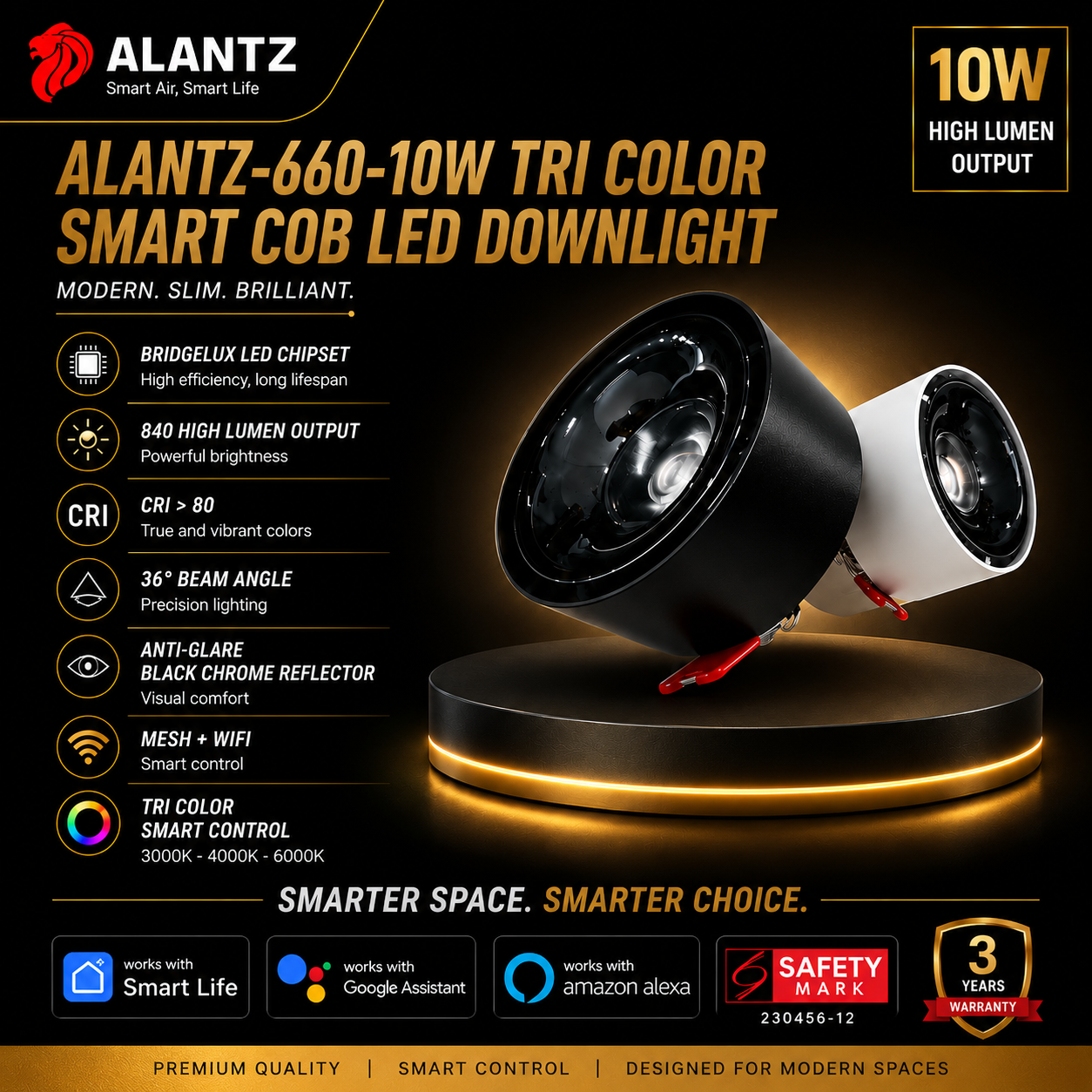 ALANTZ 660 Smart Tri-Color COB LED Downlight (10W)