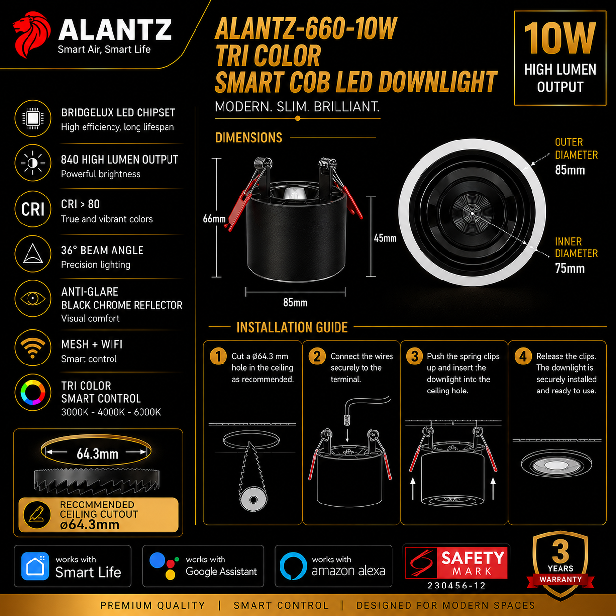ALANTZ 660 Smart Tri-Color COB LED Downlight (10W)