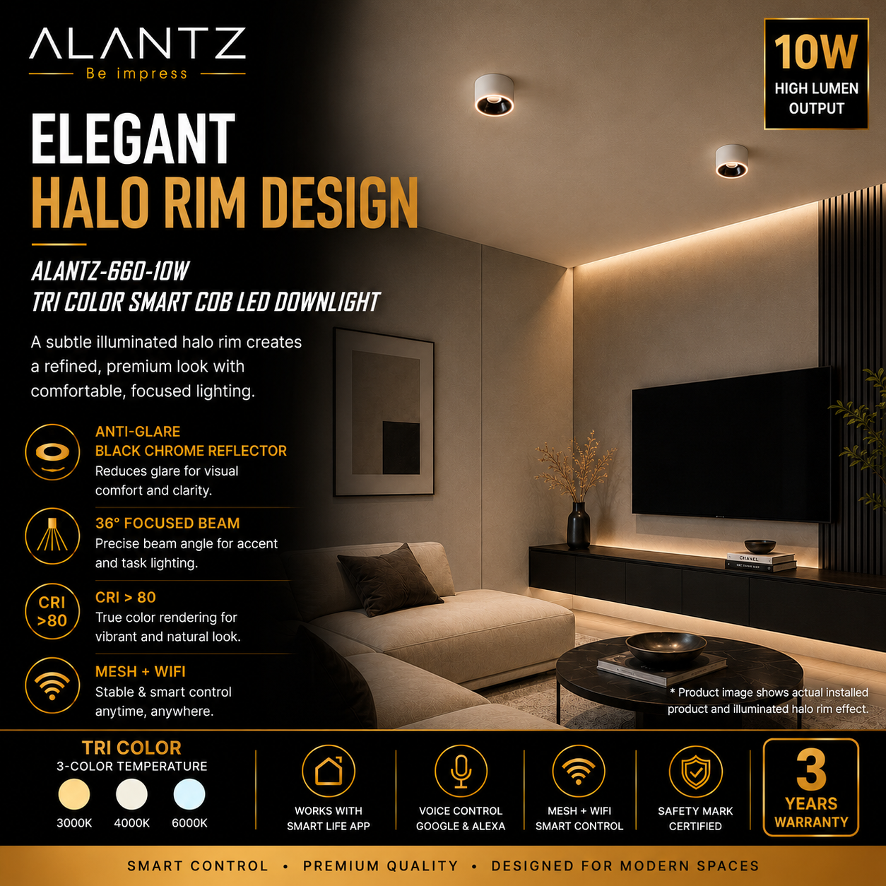 ALANTZ 660 Smart Tri-Color COB LED Downlight (10W)