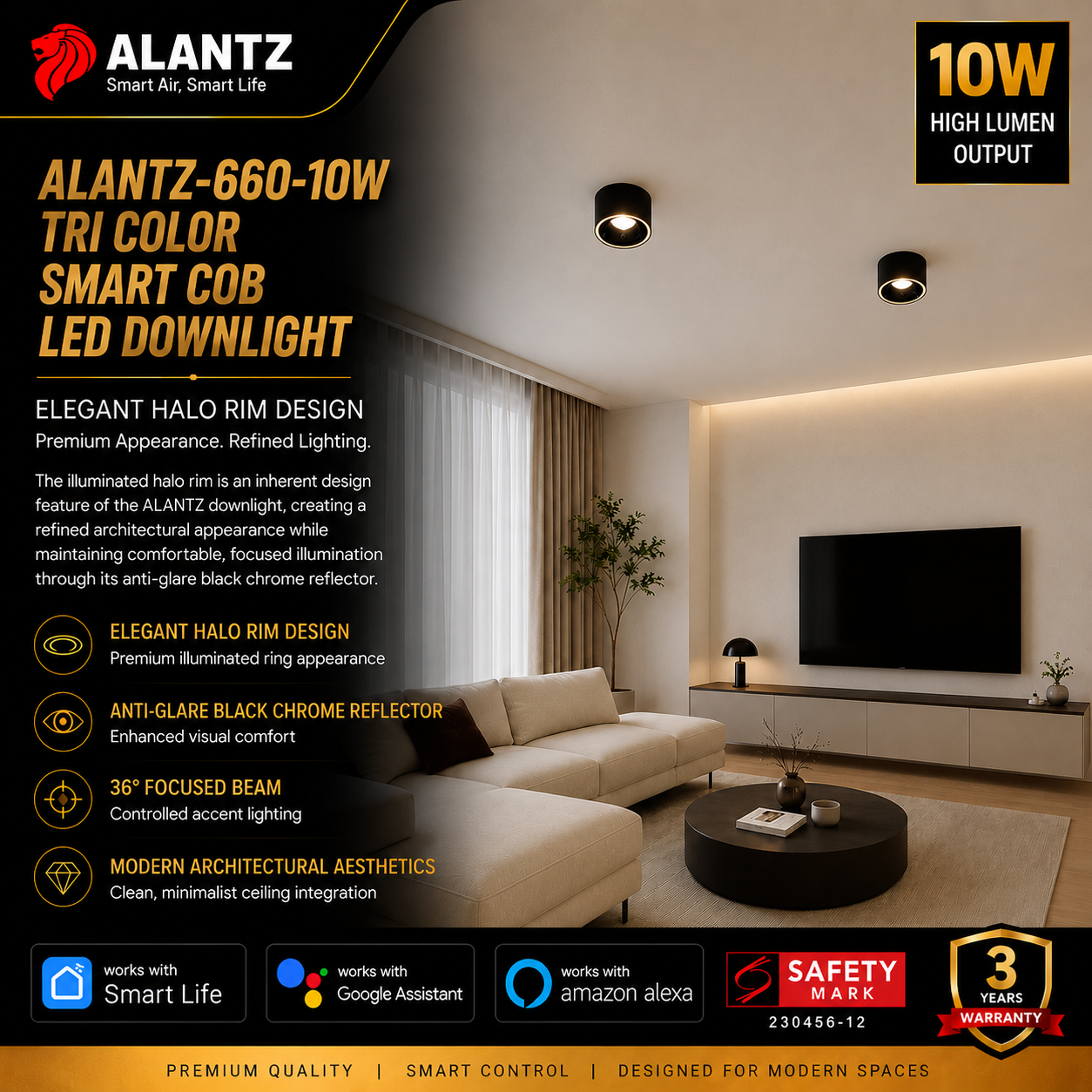 ALANTZ 660 Smart Tri-Color COB LED Downlight (10W)