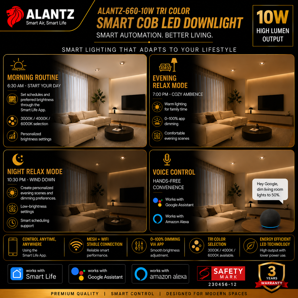 ALANTZ 660 Smart Tri-Color COB LED Downlight (10W)
