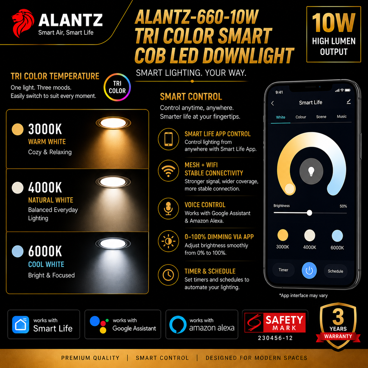 ALANTZ 660 Smart Tri-Color COB LED Downlight (10W)