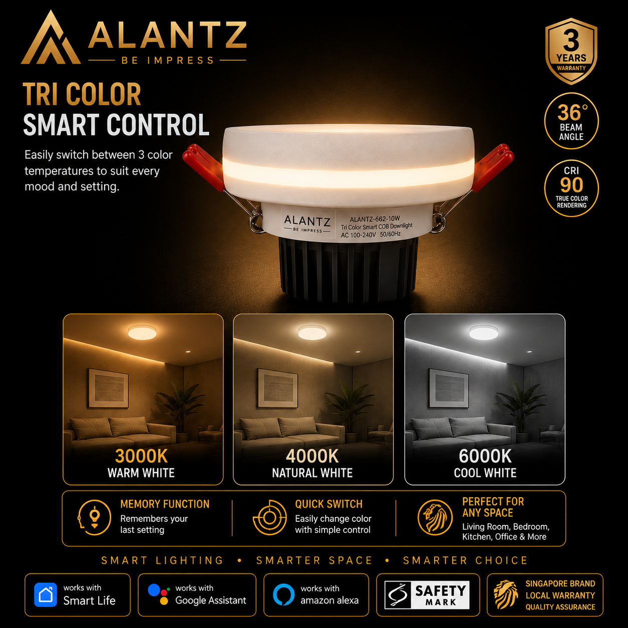 ALANTZ AL662 Smart Tri-Color COB LED Downlight (10W)