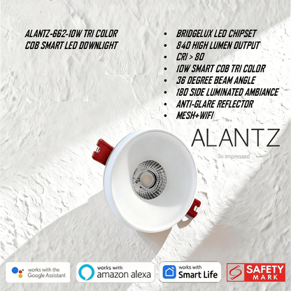 ALANTZ AL662-10W SMART COB TRI COLOR LED DOWNLIGHT BRIDGELUX LED CHIPSET, Works with Smart-life App Google N Alexa