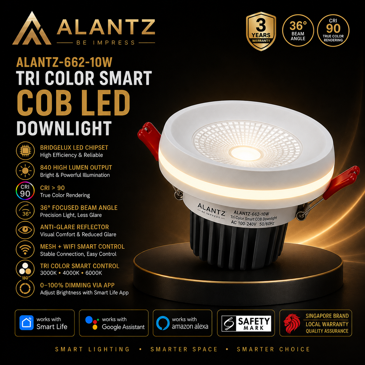ALANTZ AL662 Smart Tri-Color COB LED Downlight (10W)