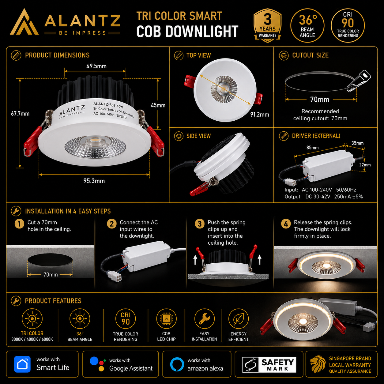 ALANTZ AL662 Smart Tri-Color COB LED Downlight (10W)
