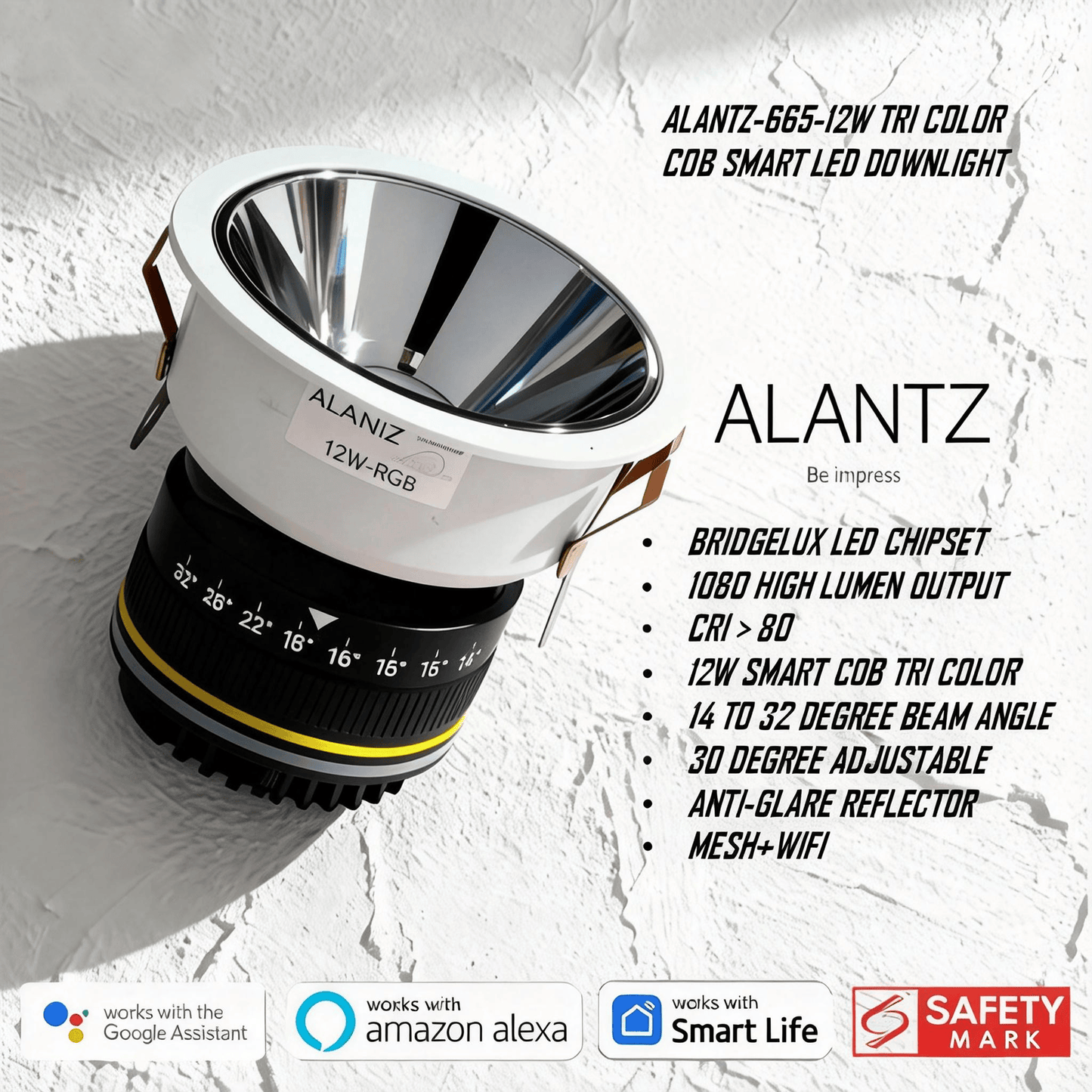 ALANTZ AL665 -12W SMART COB TRI COLOR LED DOWNLIGHT BRIDGELUX LED CHIPSET, Works with Smart-life App Google N Alexa