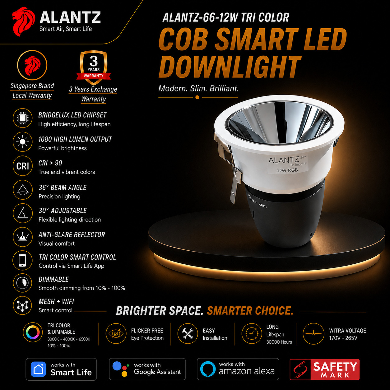 ALANTZ AL66 Smart Tri-Color COB LED Downlight (12W)