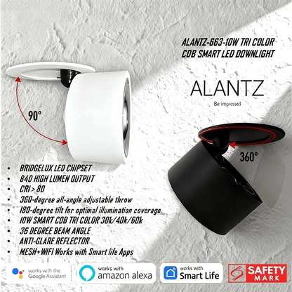 ALANTZ-663-10W  WH/BK COB TRI COLOR SMART LED DOWNLIGHT BRIDGELUX LED CHIPSET, Works with Smart-life App Google N Alexa