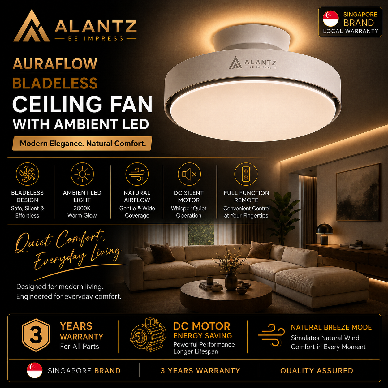 ALANTZ Aura-Flow Bladeless Ceiling Fan with Ambient LED
