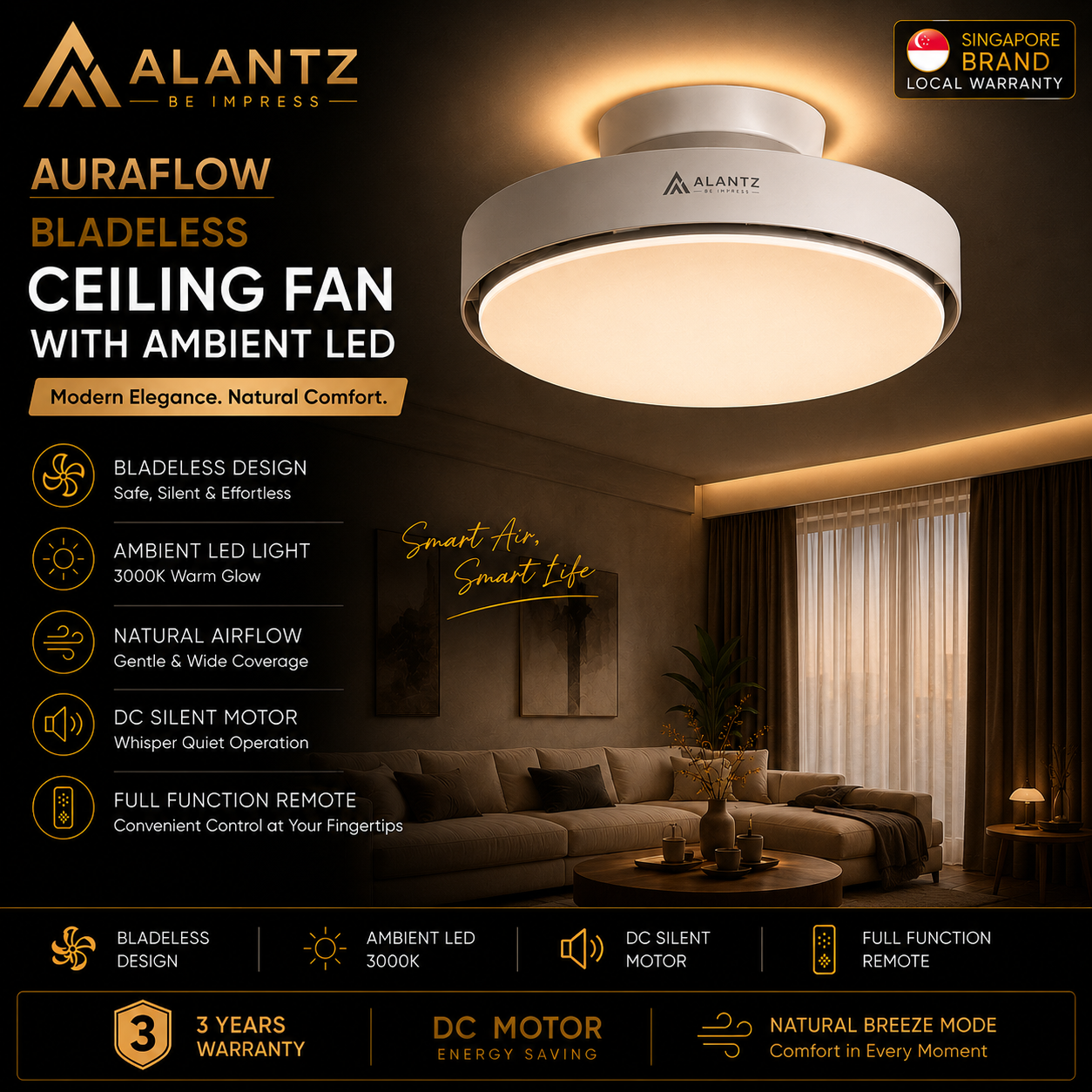 ALANTZ Aura-Flow Bladeless Ceiling Fan with Ambient LED