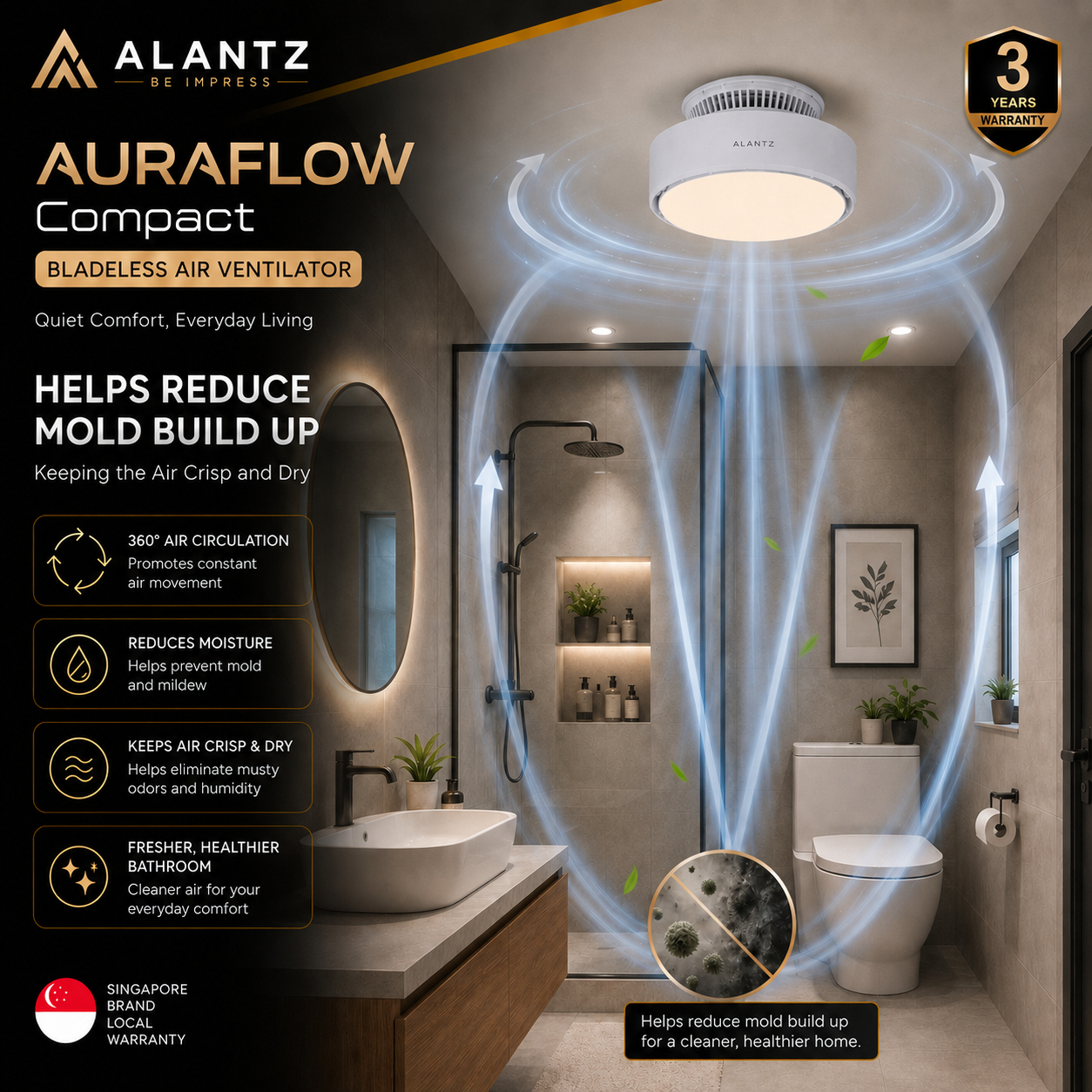 ALANTZ Aura-Flow Compact Bladeless Ceiling Fan with Ambient LED