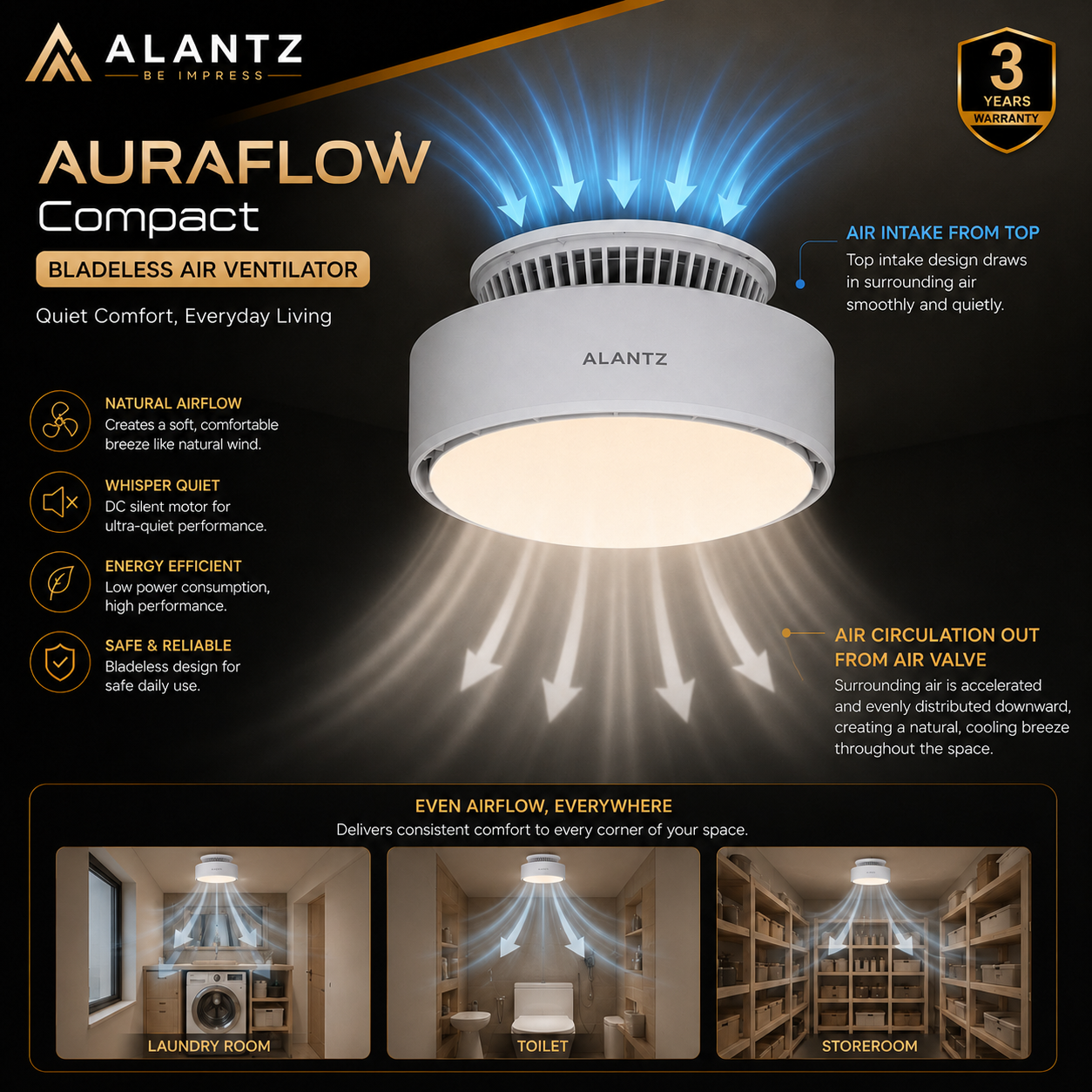 ALANTZ Aura-Flow Compact Bladeless Ceiling Fan with Ambient LED