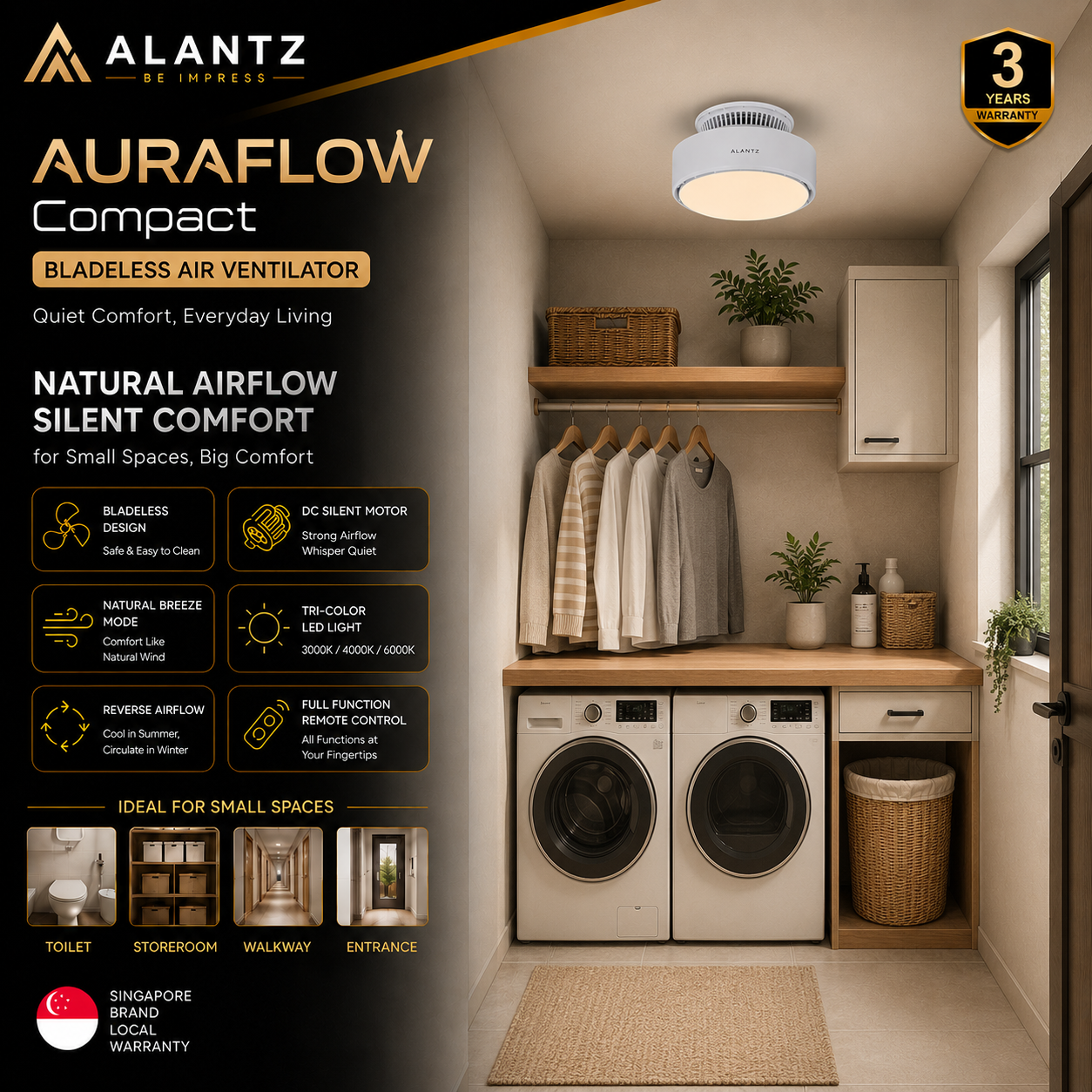 ALANTZ Aura-Flow Compact Bladeless Ceiling Fan with Ambient LED