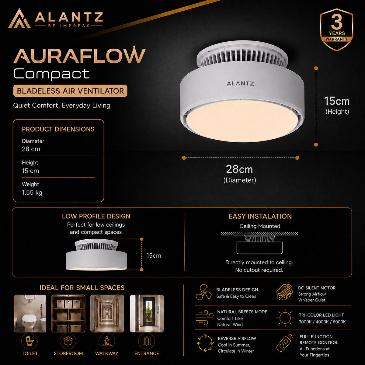 ALANTZ Aura-Flow Compact Bladeless Ceiling Fan with Ambient LED
