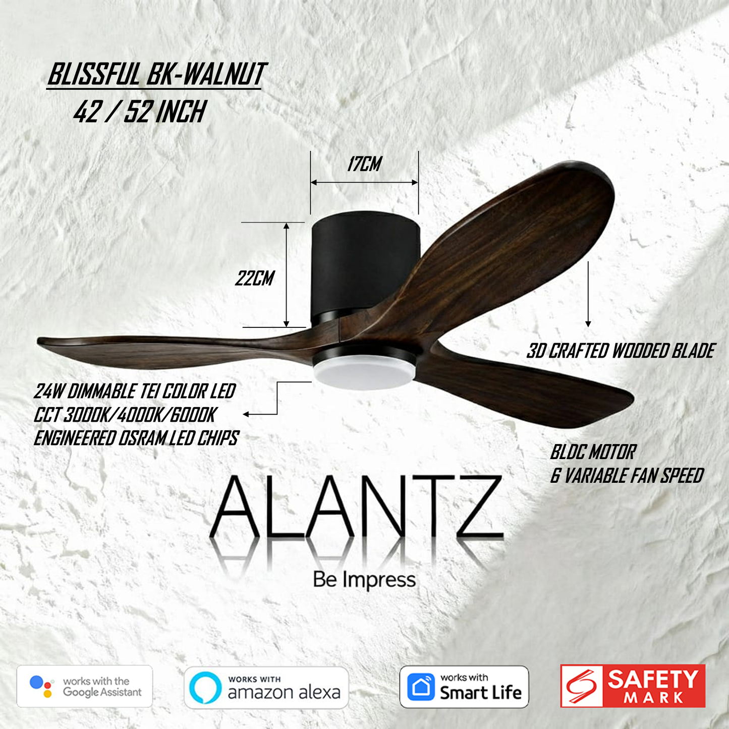 ALANTZ-BLISSFUL 42 / 52 INCH SMART BLDC CEILING FAN 24W OSRAM LED CHIPSET WORKS WITH SMARTLIFE APPS N COMPATIBLE WITH GOOGLE N ALEXA