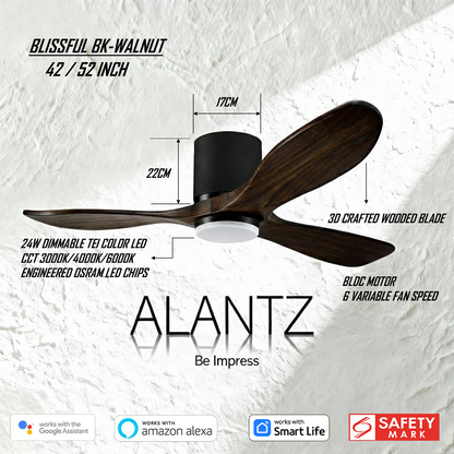 ALANTZ-BLISSFUL 42 / 52 INCH SMART BLDC CEILING FAN 24W OSRAM LED CHIPSET WORKS WITH SMARTLIFE APPS N COMPATIBLE WITH GOOGLE N ALEXA