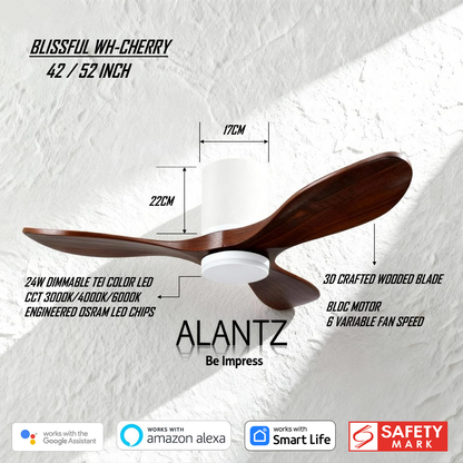 ALANTZ-BLISSFUL 42 / 52 INCH SMART BLDC CEILING FAN 24W OSRAM LED CHIPSET WORKS WITH SMARTLIFE APPS N COMPATIBLE WITH GOOGLE N ALEXA