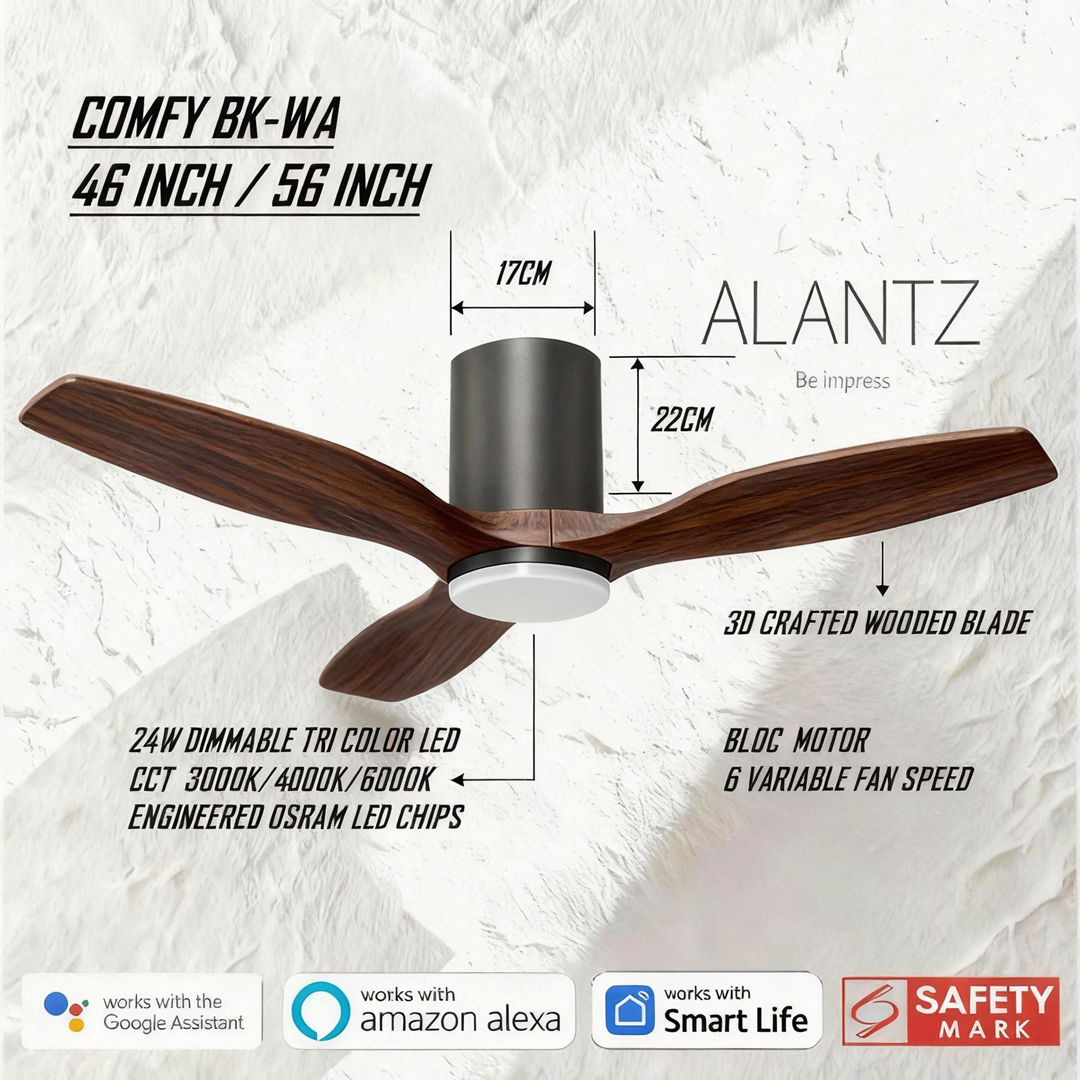 ALANTZ-COMFY 46 / 56 INCH SMART BLDC CEILING FAN 24W OSRAM LED CHIPSET WORKS WITH SMARTLIFE APPS N COMPATIBLE WITH GOOGLE N ALEXA
