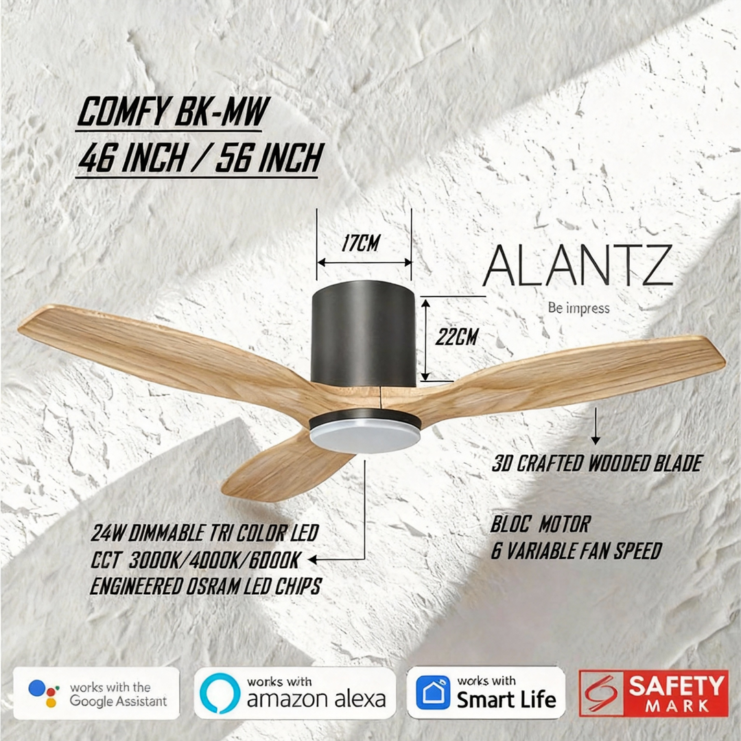 ALANTZ-COMFY 46 / 56 INCH SMART BLDC CEILING FAN 24W OSRAM LED CHIPSET WORKS WITH SMARTLIFE APPS N COMPATIBLE WITH GOOGLE N ALEXA