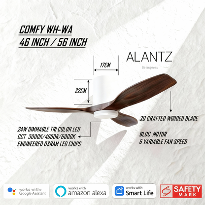 ALANTZ-COMFY 46 / 56 INCH SMART BLDC CEILING FAN 24W OSRAM LED CHIPSET WORKS WITH SMARTLIFE APPS N COMPATIBLE WITH GOOGLE N ALEXA