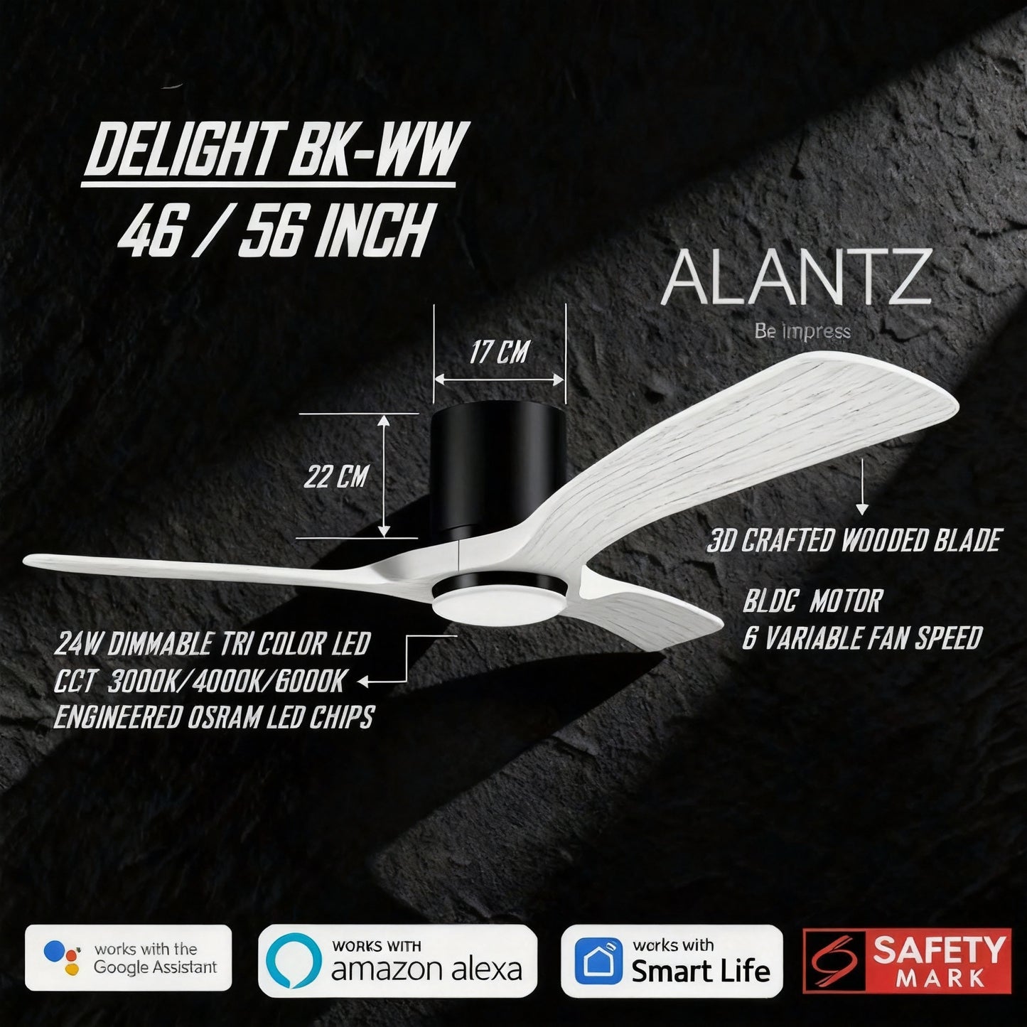 ALANTZ-DELIGHT 46 / 56 INCH SMART BLDC CEILING FAN 24W OSRAM LED CHIPSET WORKS WITH SMARTLIFE APPS N COMPATIBLE WITH GOOGLE N ALEXA