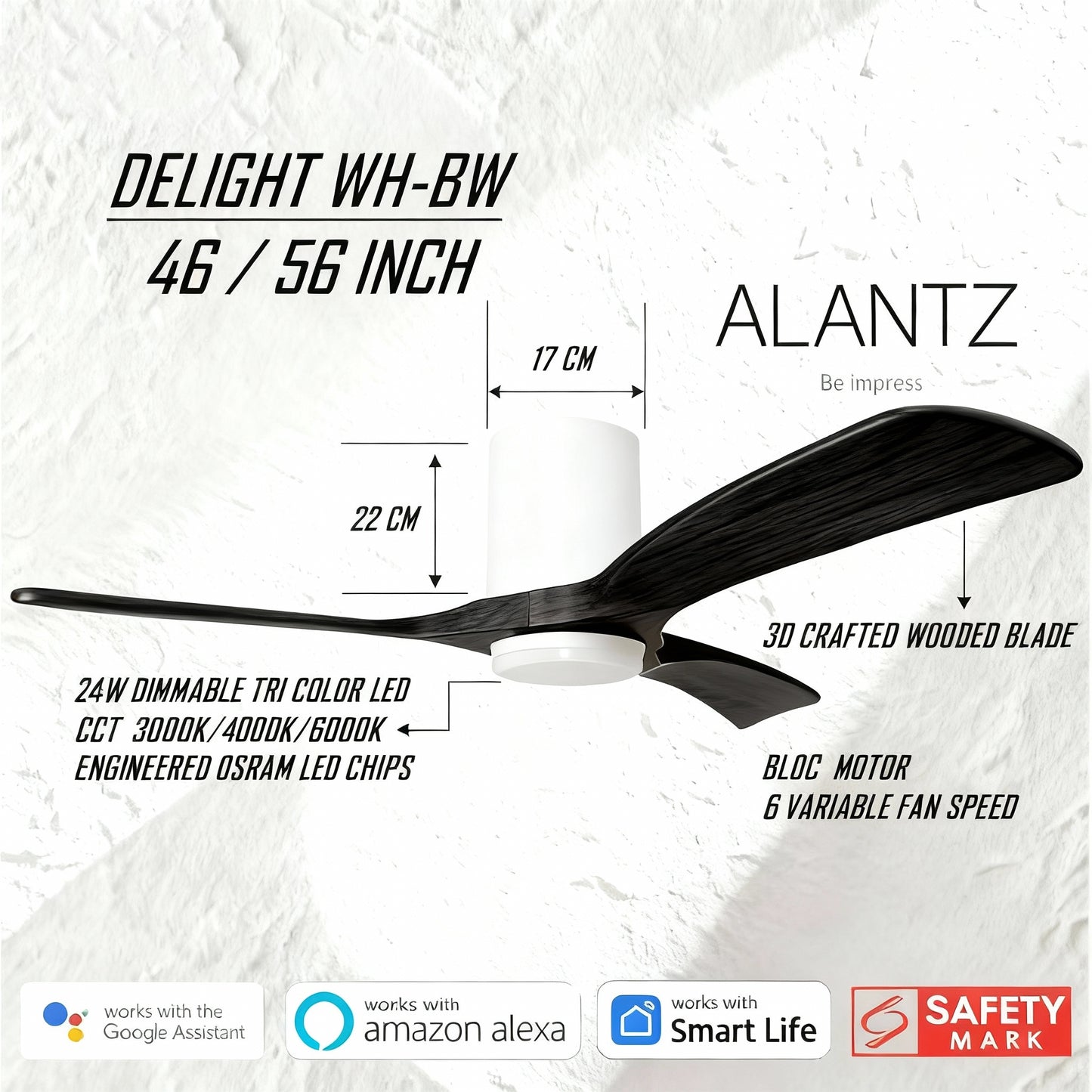 ALANTZ-DELIGHT 46 / 56 INCH SMART BLDC CEILING FAN 24W OSRAM LED CHIPSET WORKS WITH SMARTLIFE APPS N COMPATIBLE WITH GOOGLE N ALEXA