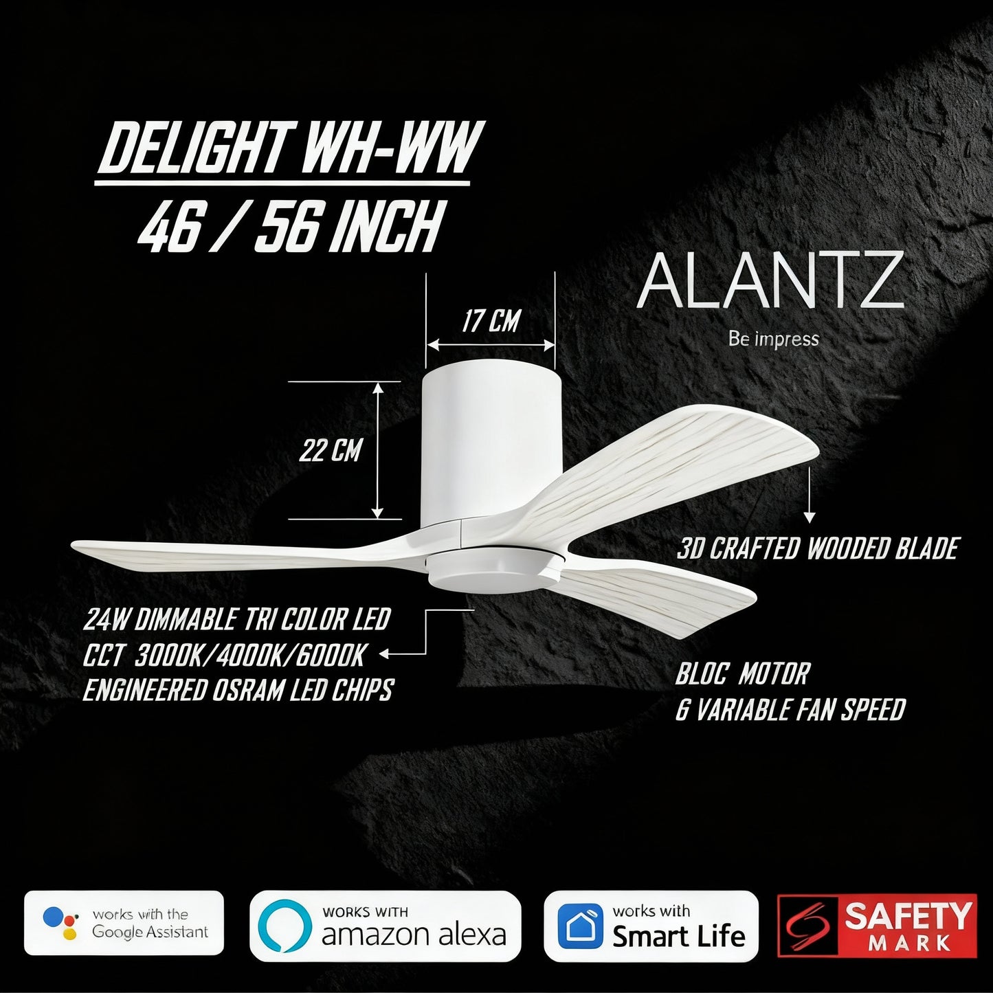 ALANTZ-DELIGHT 46 / 56 INCH SMART BLDC CEILING FAN 24W OSRAM LED CHIPSET WORKS WITH SMARTLIFE APPS N COMPATIBLE WITH GOOGLE N ALEXA
