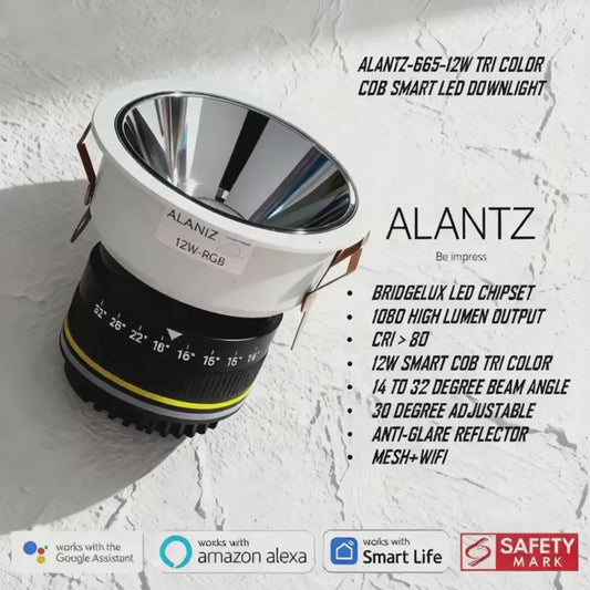 ALANTZ AL665 -12W SMART COB TRI COLOR LED DOWNLIGHT BRIDGELUX LED CHIPSET, Works with Smart-life App Google N Alexa
